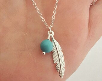 Sterling Silver Feather Necklace With Turquoise Bead • Delicate Necklace • Layering Necklace • Gift for her • Feather Jewelry