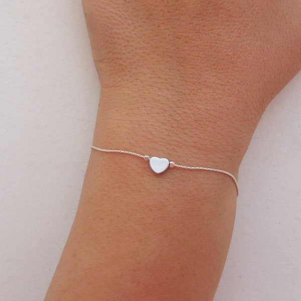 Dainty Heart Bracelet in Sterling Silver - Choose Smooth or Hammered Finish for Minimalist and Elegant Look