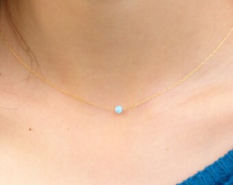 Blue Opal Bead Necklace • Gold Necklace Opal • Ball Bead Necklace • Dainty Necklace Gold • Gift for her