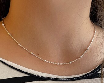 Minimalist Sterling Silver Square Beads Chain Necklace - Layering Necklace - Elegant and Modern Jewelry