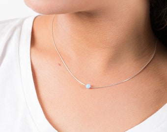 Round Bead Necklace - Choose Light Blue or White Opal - Customizable Chain Style (Snake, Box, Curb, or Cable)