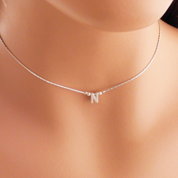 Delicate Sterling Silver Choker Necklace with Custom Letter - Minimalist Jewelry - Perfect Gift for Her