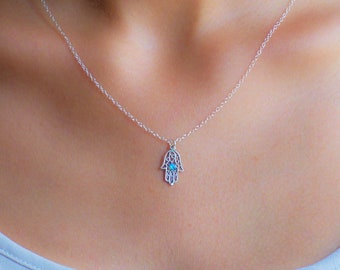 Sterling Silver Hamsa Necklace with Opal Center | Handmade Protection Pendant on Etsy