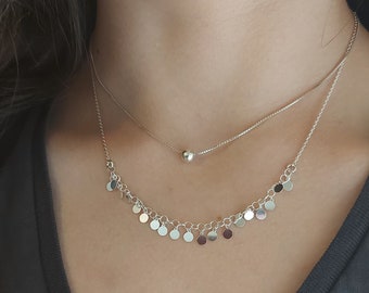 Layered Necklaces Set: Tiny Discs Necklace and Ball Necklace in Sterling Silver - Perfect Gift for Her