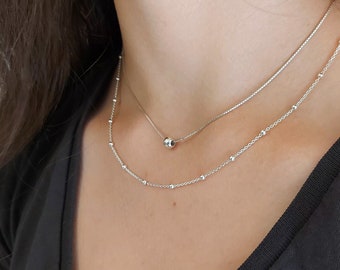 Layered Necklaces Set: Round Beads Chain Necklace and Ball Necklace in Sterling Silver - Perfect Gift for Her