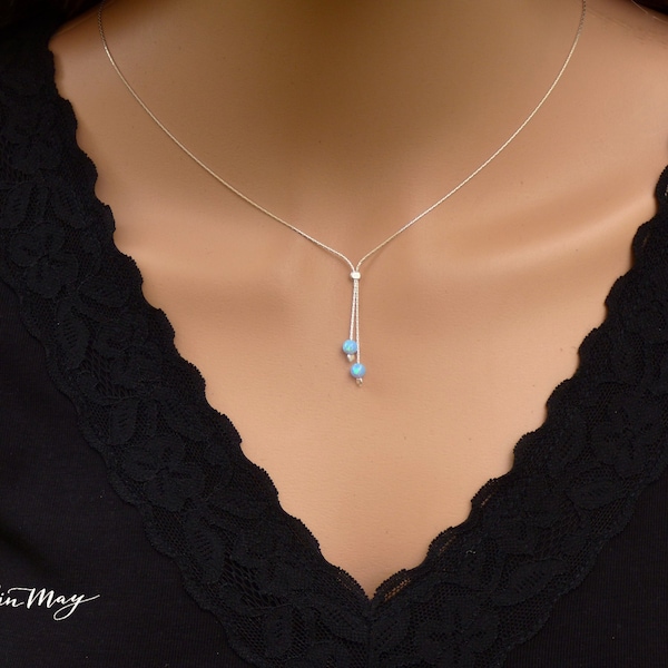 Silver Lariat Necklace • Opal Bead Necklace • Short Y Necklace • Silver Necklace Opal • Lariat Necklace Opal • Gift for her