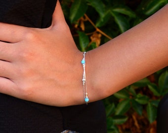 Stunning Sterling Silver Double Strand Snake Chain Bracelet with Blue Opal Beads - Elegant and Eye catching Jewelry