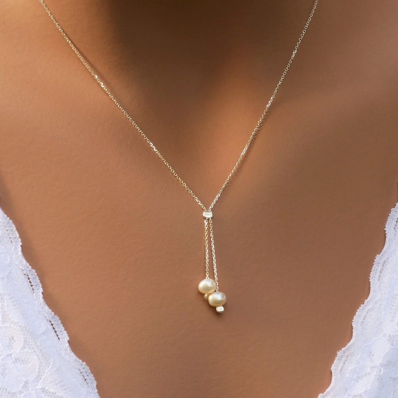 Minimal Silver Necklace Two Pearls Necklace White Pearl or Etsy