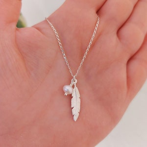 Feather and Pearl Necklace 925 Sterling Silver Dainty Necklace Feather Jewelry Gifts For her image 4