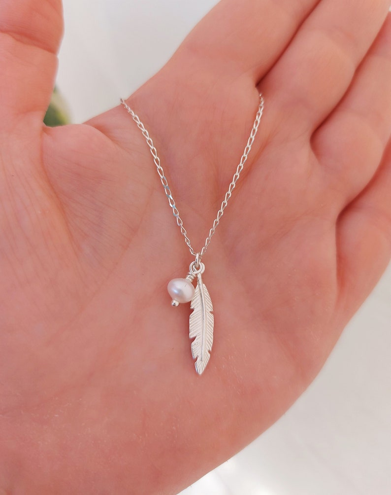 Feather and Pearl Necklace 925 Sterling Silver Dainty Necklace Feather Jewelry Gifts For her image 4