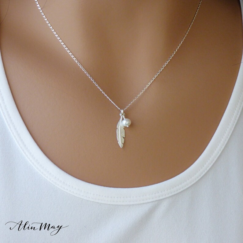 Feather and Pearl Necklace 925 Sterling Silver Dainty Necklace Feather Jewelry Gifts For her image 2