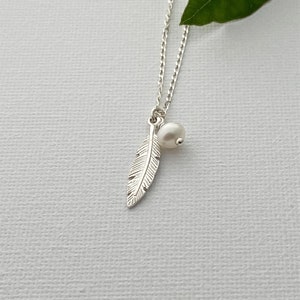 Feather and Pearl Necklace 925 Sterling Silver Dainty Necklace Feather Jewelry Gifts For her image 3