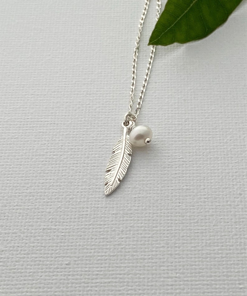 Feather and Pearl Necklace 925 Sterling Silver Dainty Necklace Feather Jewelry Gifts For her image 3