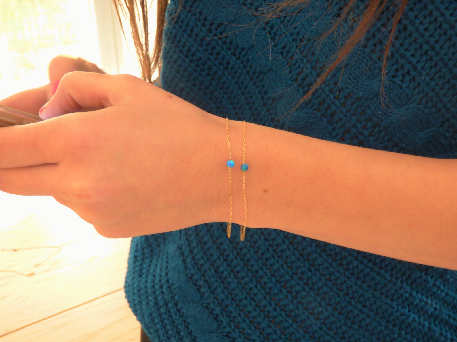 Two Blue Opal Beads Bracelet Double Chain Bracelet Simple Etsy