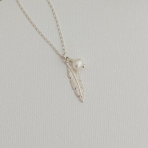 Feather and Pearl Necklace 925 Sterling Silver Dainty Necklace Feather Jewelry Gifts For her image 6