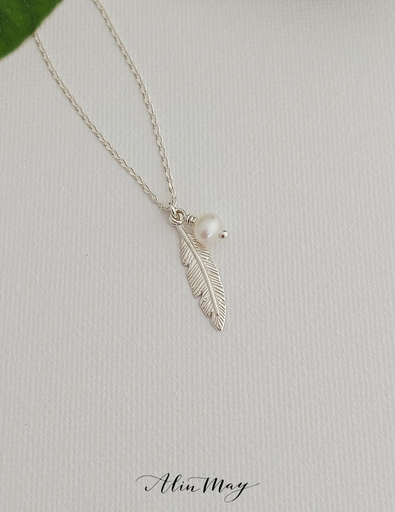 Feather and Pearl Necklace 925 Sterling Silver Dainty Necklace Feather Jewelry Gifts For her image 6