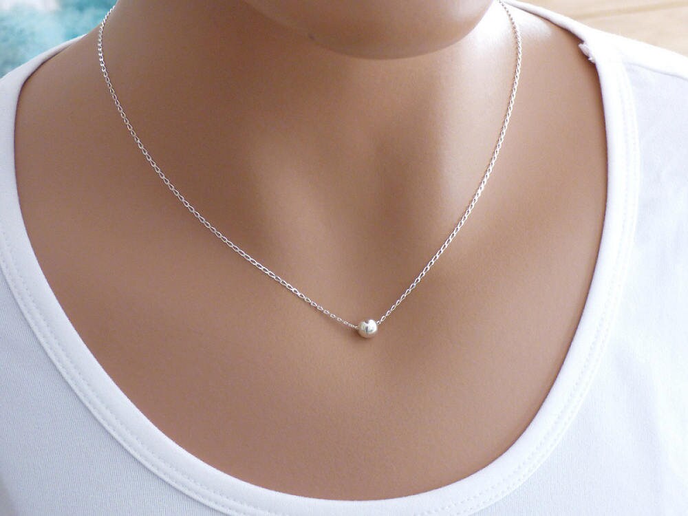 Silver Ball Necklace Minimalist Necklace Solid Sterling Etsy