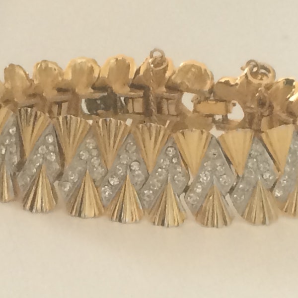 Vintage Marcel Boucher Ripple Bracelet, Gold Tone, Crystal Clear Rhinestones, Mid Century Cuff, Signed Boucher 7741 , 60's Jewelry