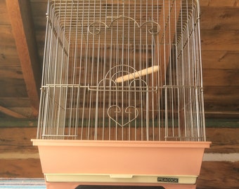 Vintage Wire Bird Cage with Tray and Wood Perch