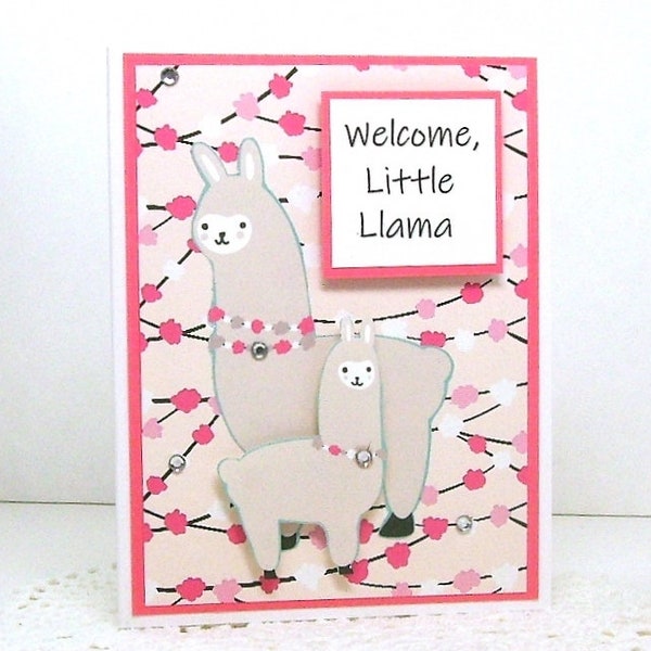 Llama baby card, New baby card, Little llama baby, Newborn card, Congratulations, Welcome little llama, Cute llamas, pink and blue, Diamonds