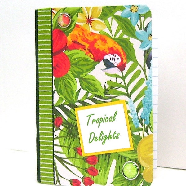 Hawaiian theme mini notebook, Small island note book, Toucan, Exotic ferns & flowers, Tropical Delights, Parrot, Hibiscus, Festive colors