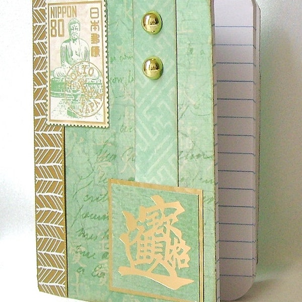 Asian theme mini notebook, Oriental motif, Small journal, Purse note book, Nippon postage stamp, Japanese character, Gold leaf on jade green