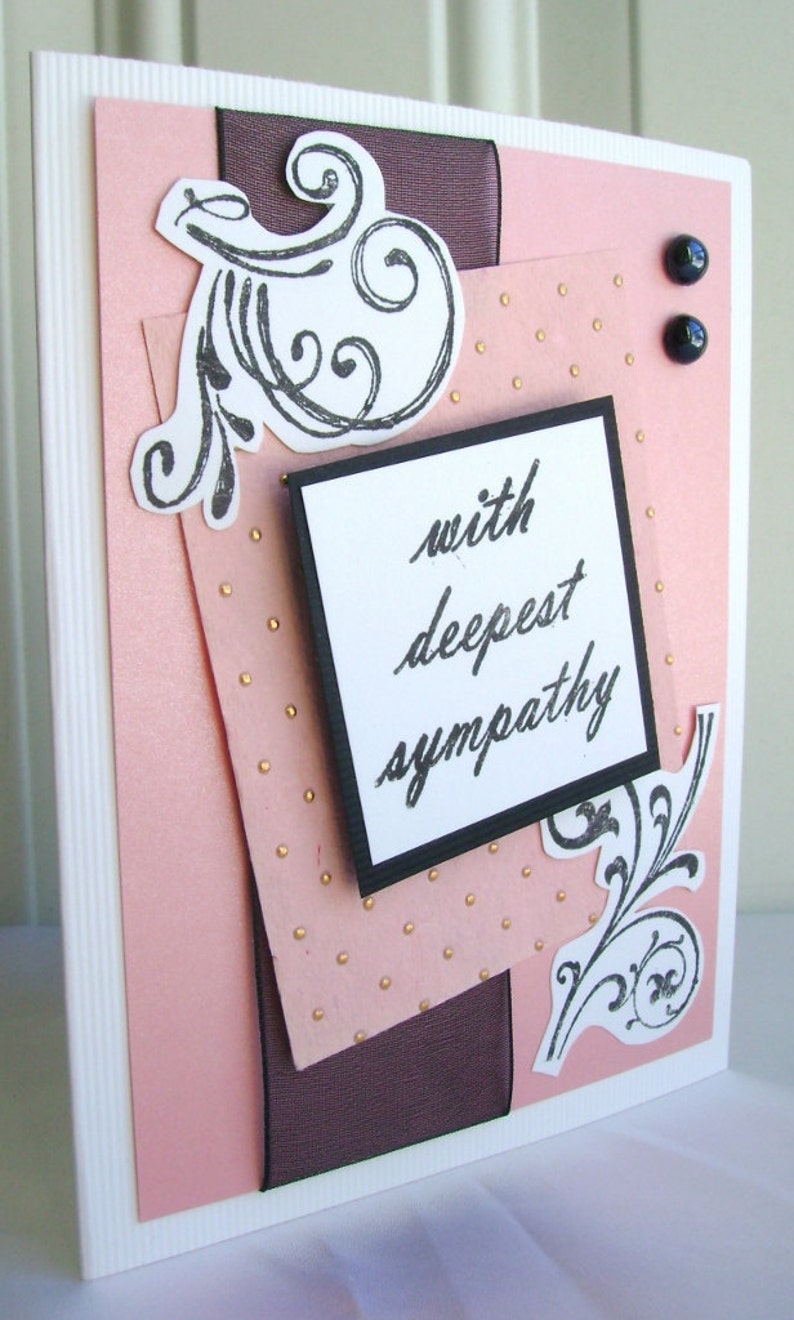 Hand cut /& stamped Sympathy card With deepest sympathy Black pearl accents Black accents Peach and gold