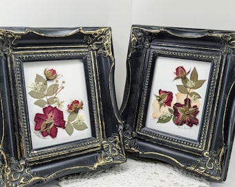 Framed Pressed Flower Art, Red Rose Handmade Floral Artwork, Nature Inspired Gift, Botanical, Baroque