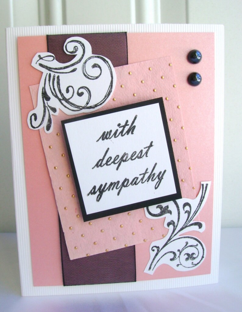Hand cut /& stamped Sympathy card With deepest sympathy Black pearl accents Black accents Peach and gold