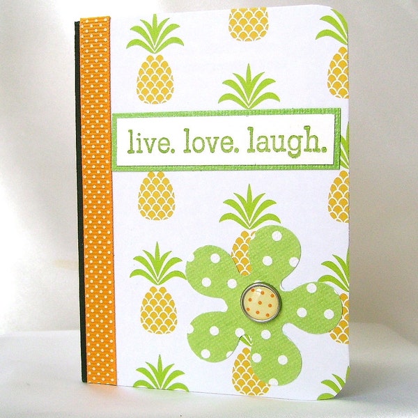 Pineapple notebook, Mini note book, Live love laugh, Inspirational words, Happy message, Pineapples, Polka dots, Orange yellow lime colors