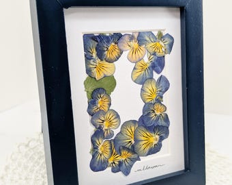 Framed Pressed Pansy Art, Monarch Butterfly Botanical Decor