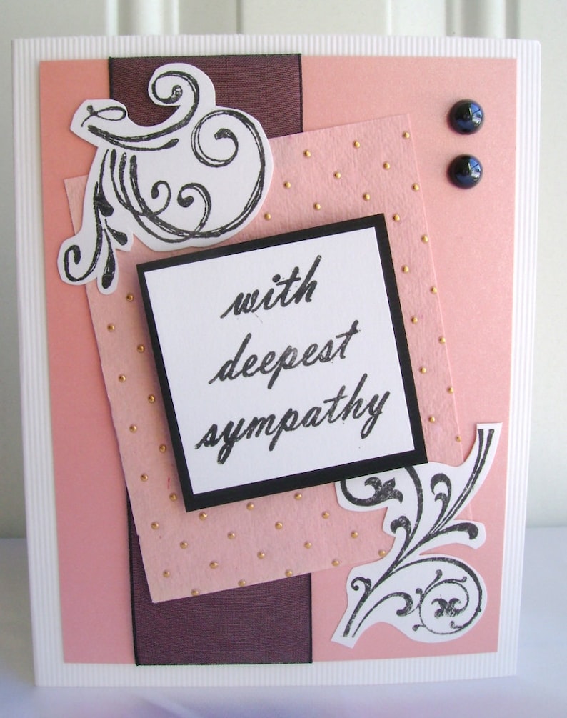 Hand cut /& stamped Sympathy card With deepest sympathy Black pearl accents Black accents Peach and gold