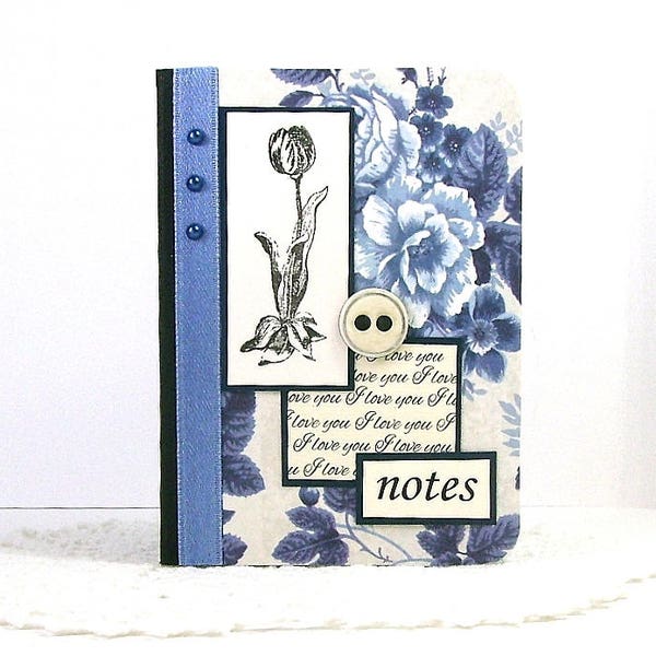 Blue floral note book, Pocket notebook, Mini notebook, Rose bouquet, Tulip, Blue roses, Blue ribbon, Antique flowers, I love you, Script