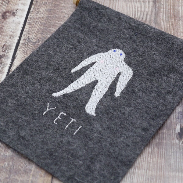 Embroidered Yeti Wall Hanging - Wall Art machine embroidery, Wool felt banner, Dark grey gray white, figure cute funny, small textile art