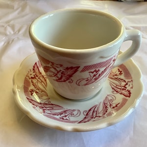 Vintage Syracuse china red lily and leaf pattern cup and saucer restaurant ware