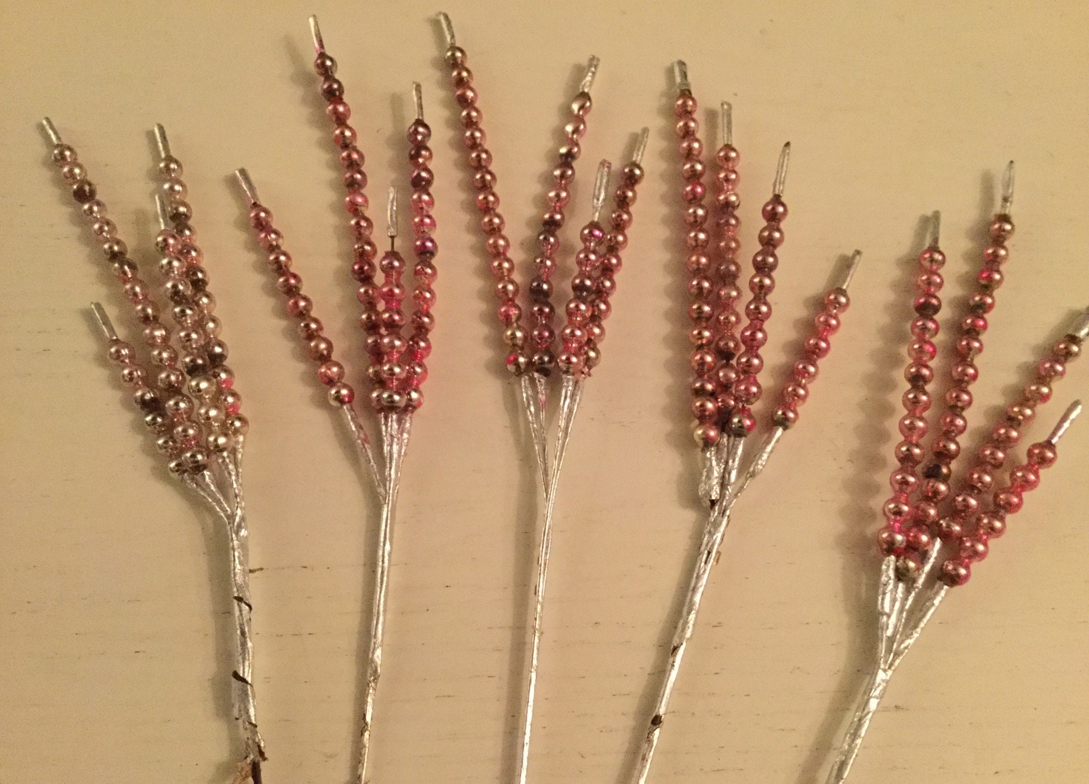 5 vintage medium size four sprig pink Mercury glass bead pick Etsy