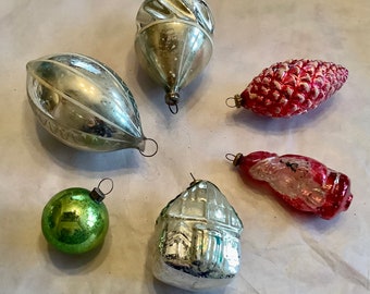 Assortment of 6 vintage mercury glass ornaments in silver, red and green