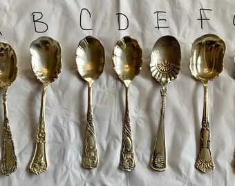 Choice of 1 vintage silverplate fancy pattern sugar spoon