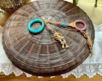 Beautiful vintage dark wood wicker round sewing basket with vintage notions