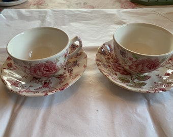 Set of 2 vintage Johnson Brothers Rose chintz cups and saucers