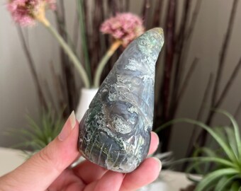 Moss Agate Gnome with Quartz Druzy / Tree Agate / Garden Gnome / 3 7/8” Tall