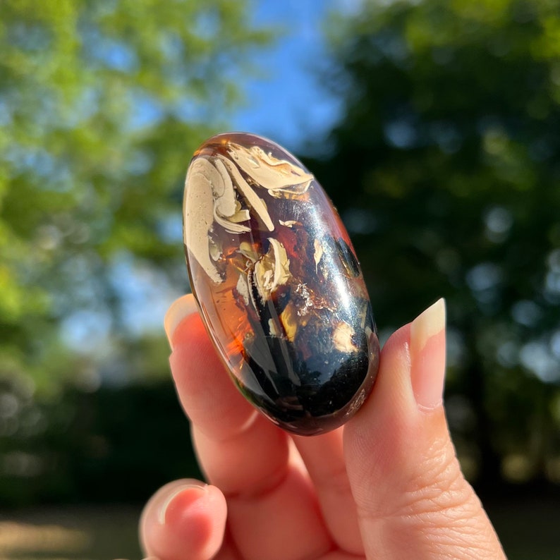 May include: A smooth, oval-shaped piece of amber with a dark brown and black color. The amber has white and gold inclusions throughout.