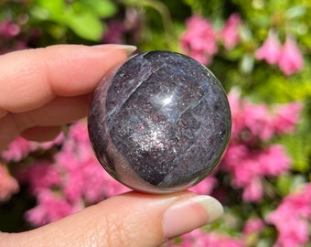 High Grade Iolite with Confetti Sunstone Sphere 41.6mm/ Cordierite/ Bloodshot Iolite
