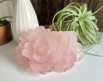 Gemmy Rose Quartz Flower Carving / Rose Quartz Peony / Self Standing