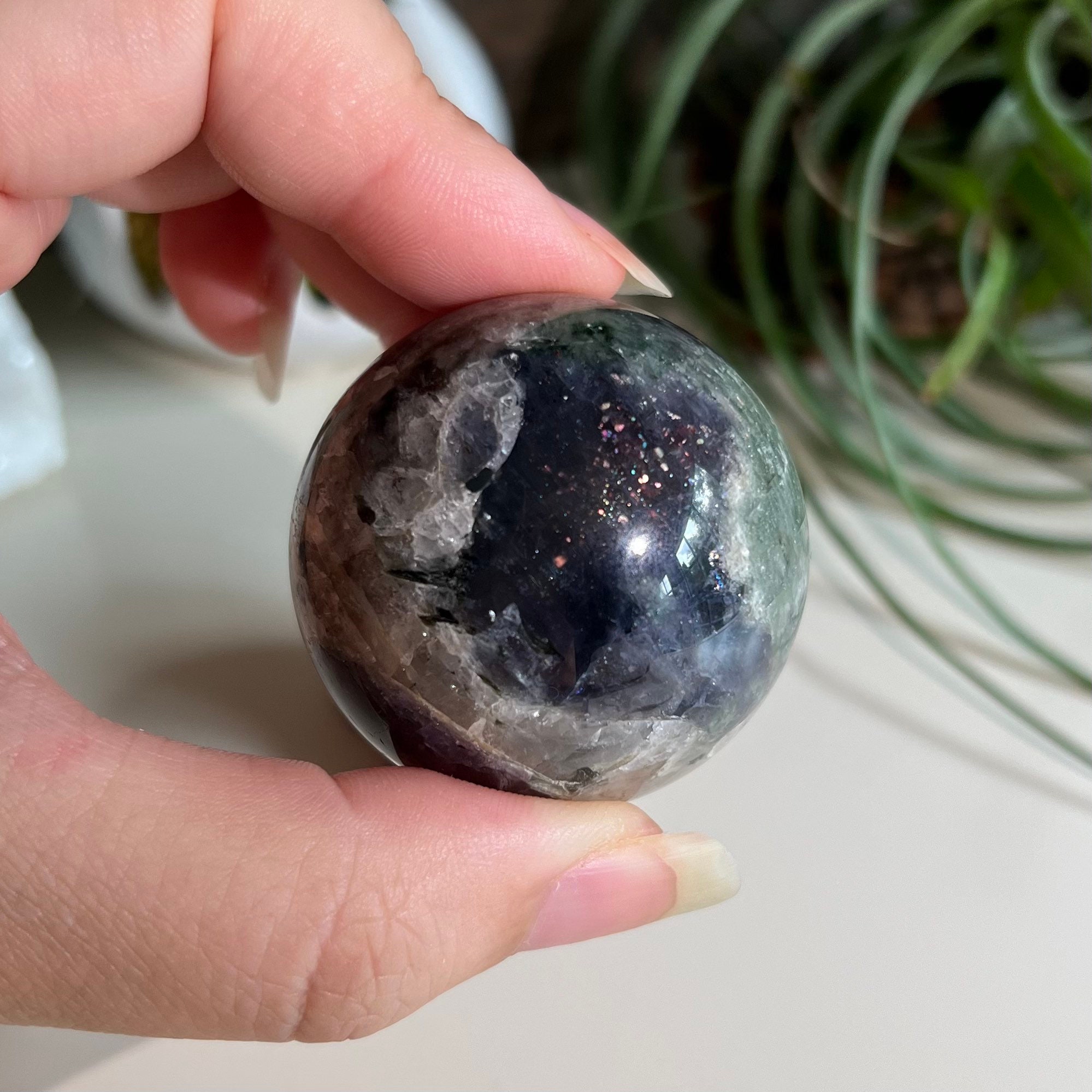 Iolite with Confetti Sunstone and Quartz Sphere 43mm/ Cordierite/ Bloodshot Iolite