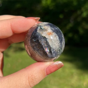 Iolite with Confetti Sunstone and Quartz Sphere 40mm/ Cordierite/ Bloodshot Iolite