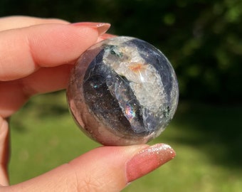 Iolite with Confetti Sunstone and Quartz Sphere 40mm/ Cordierite/ Bloodshot Iolite