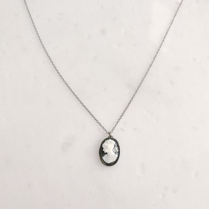 Cameo Necklace, Oxidized Sterling Silver, Black Chain, Vintage Inspired, Modern Finish, Victorian, Vintage, Romantic, Gift, LIJ19001 image 1