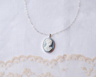 Blue Cameo Necklace, Sterling Silver Chain, Vintage Inspired, Modern Finish, Victorian, Vintage, Romantic, Gift, LIJ14030