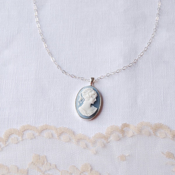 Blaue Cameo Halskette, Sterling Silber Kette, Vintage inspiriert, Modernes Finish, Viktorianisch, Vintage, Romantisch, Geschenk, LIJ14030